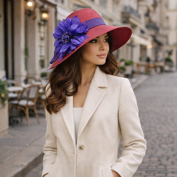 Betmar New York Wide Brim Hat Red Purple Flower Statement Summer Church Derby main image 9